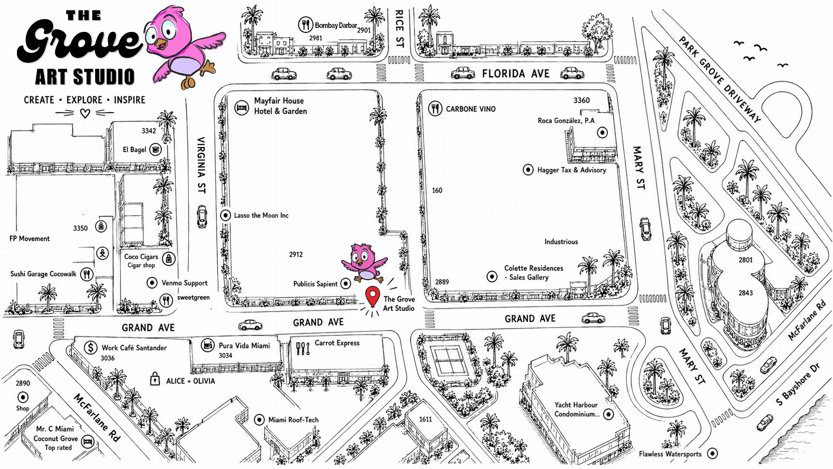 Illustrated map of Coconut Grove showing The Grove Art Studio on Grand Avenue, near CocoWalk, Mayfair House and Mary Street